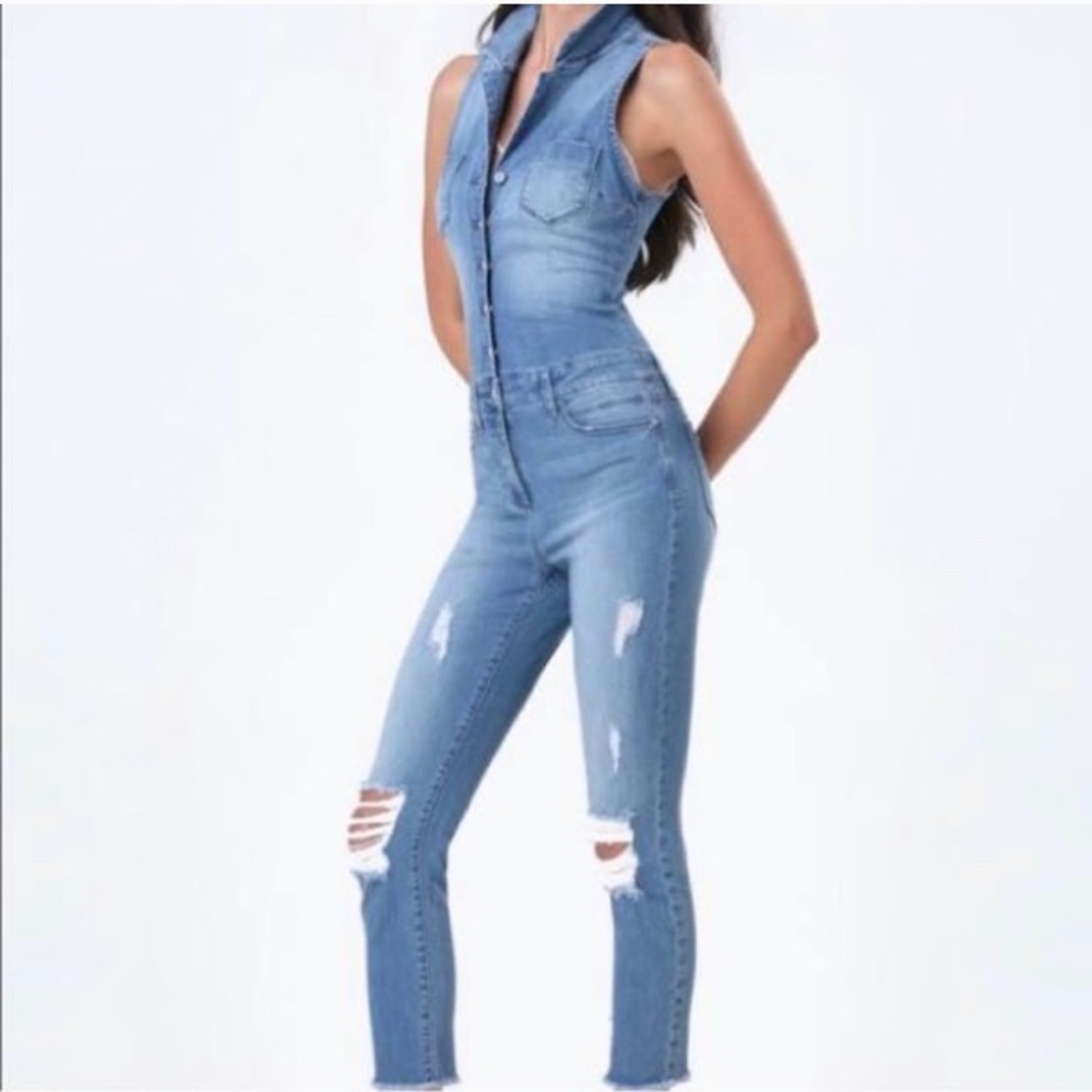 Bebe Denim Button Up Jumpsuit, Size 27